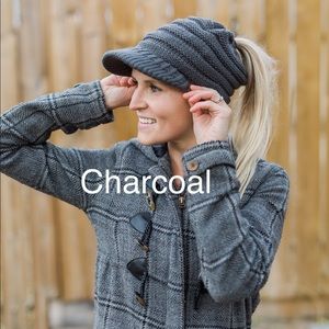 Charcoal grey brimmed pony tail toque beanie